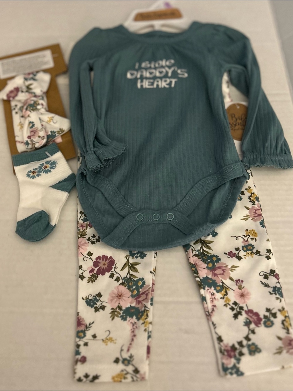 NWT Baby Essentials 9M  4pc Ribbed Teal One-Piece Set I stole daddy’s heart.